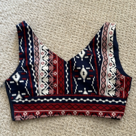 Printed Boho Hippie Aztec Red White Blue Crop Top - Picture 3 of 4